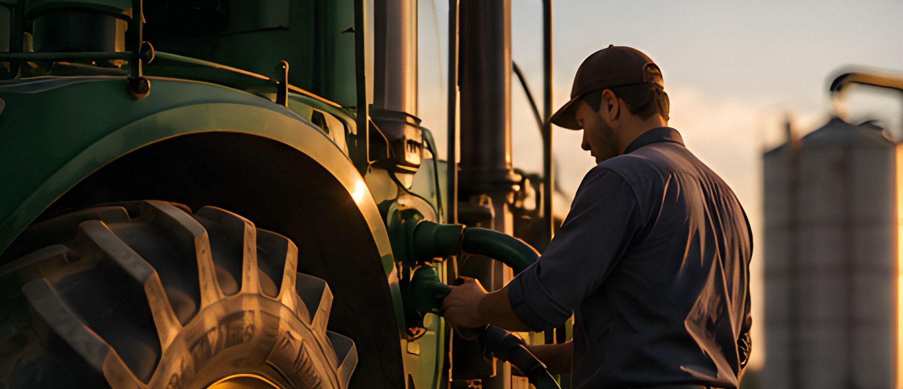 Produtor abastecendo um trator dentro da fazenda ao entardecer